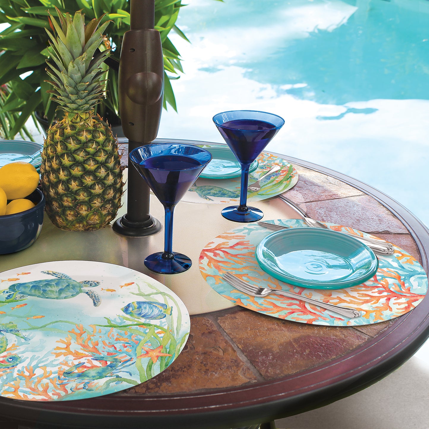 CounterArt Sea Life Serenade 4 Pack Round Reversible Easy Care Placemats Made in The USA