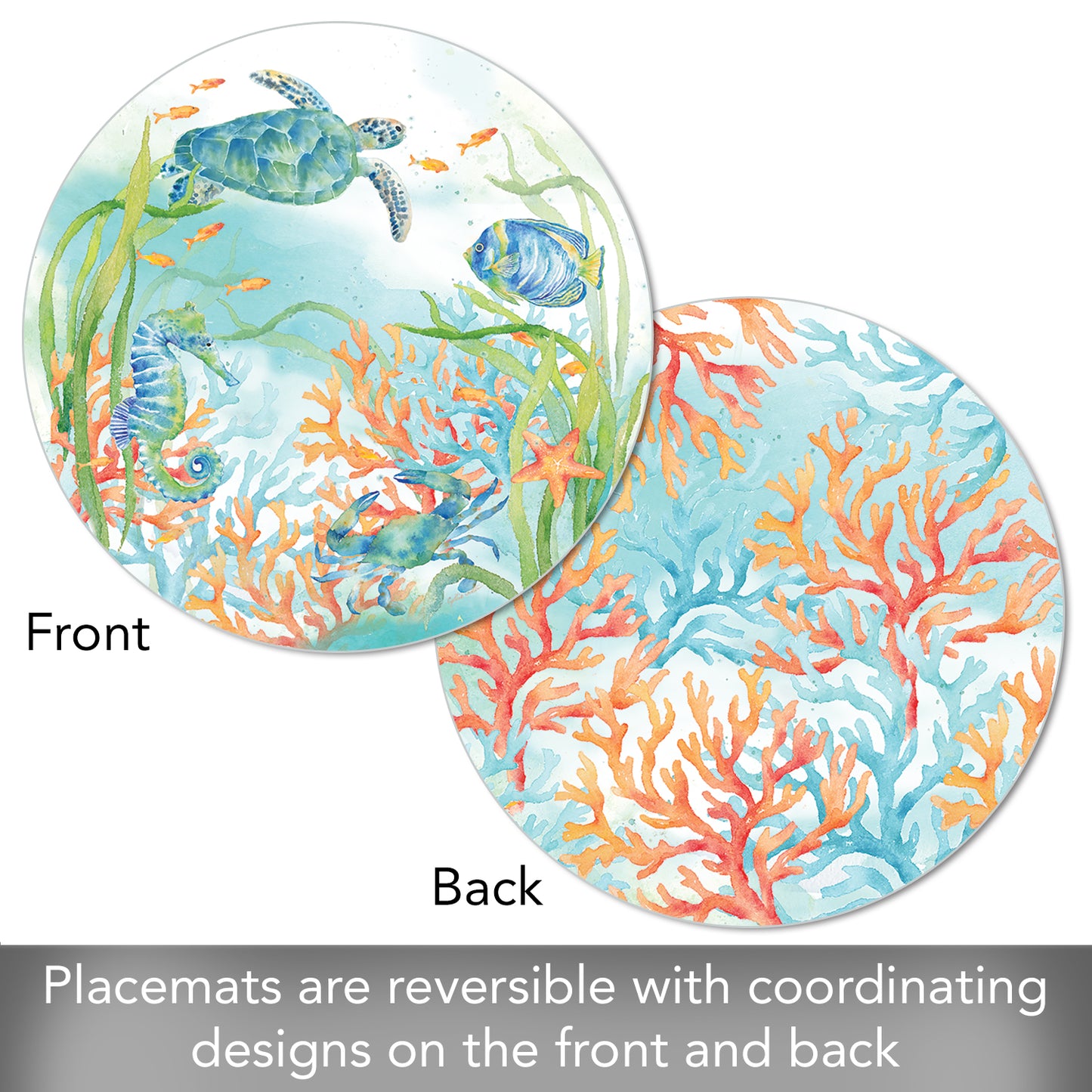 CounterArt Sea Life Serenade 4 Pack Round Reversible Easy Care Placemats Made in The USA