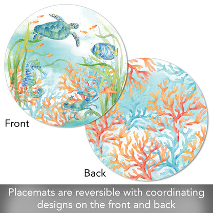 CounterArt Sea Life Serenade 4 Pack Round Reversible Easy Care Placemats Made in The USA