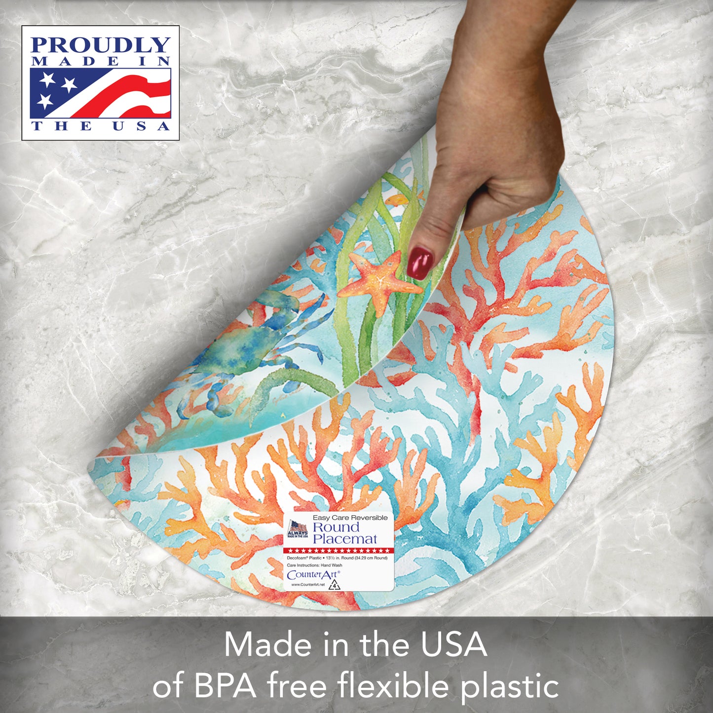 CounterArt Sea Life Serenade 4 Pack Round Reversible Easy Care Placemats Made in The USA