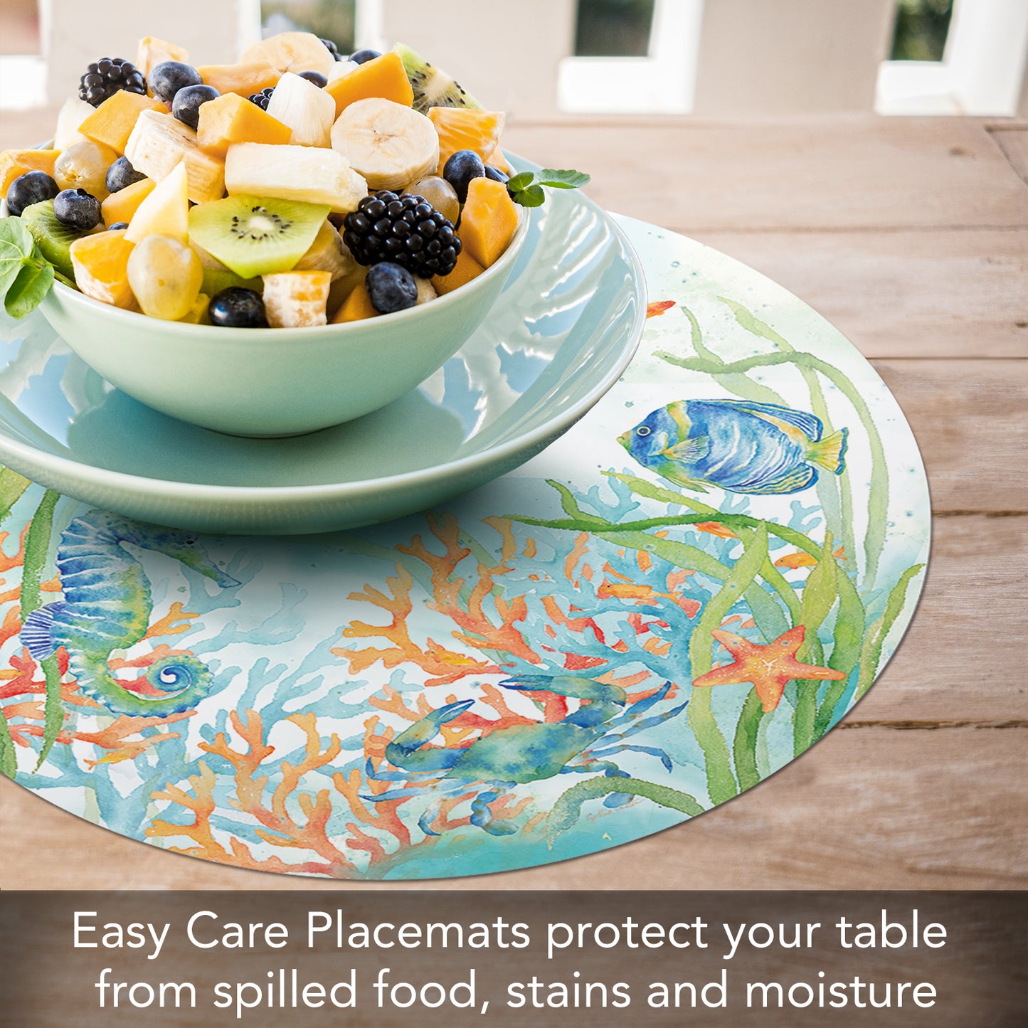 CounterArt Sea Life Serenade 4 Pack Round Reversible Easy Care Placemats Made in The USA
