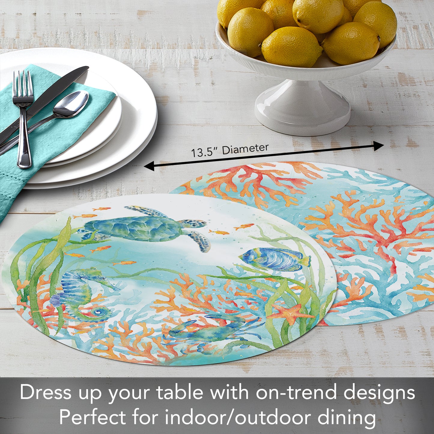 CounterArt Sea Life Serenade 4 Pack Round Reversible Easy Care Placemats Made in The USA