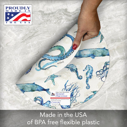 CounterArt Deep Sea 4 Pack Round Reversible Easy Care Placemats Made in The USA 13.5" Diameter