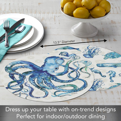 CounterArt Deep Sea 4 Pack Round Reversible Easy Care Placemats Made in The USA 13.5" Diameter