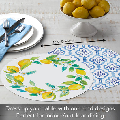 CounterArt Lovely Lemons 4 Pack Round Reversible Easy Care Placemats Made in the USA