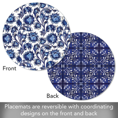 CounterArt Shades of Blue 4 Pack Round Reversible Easy Care Flexible Placemats Made in the USA