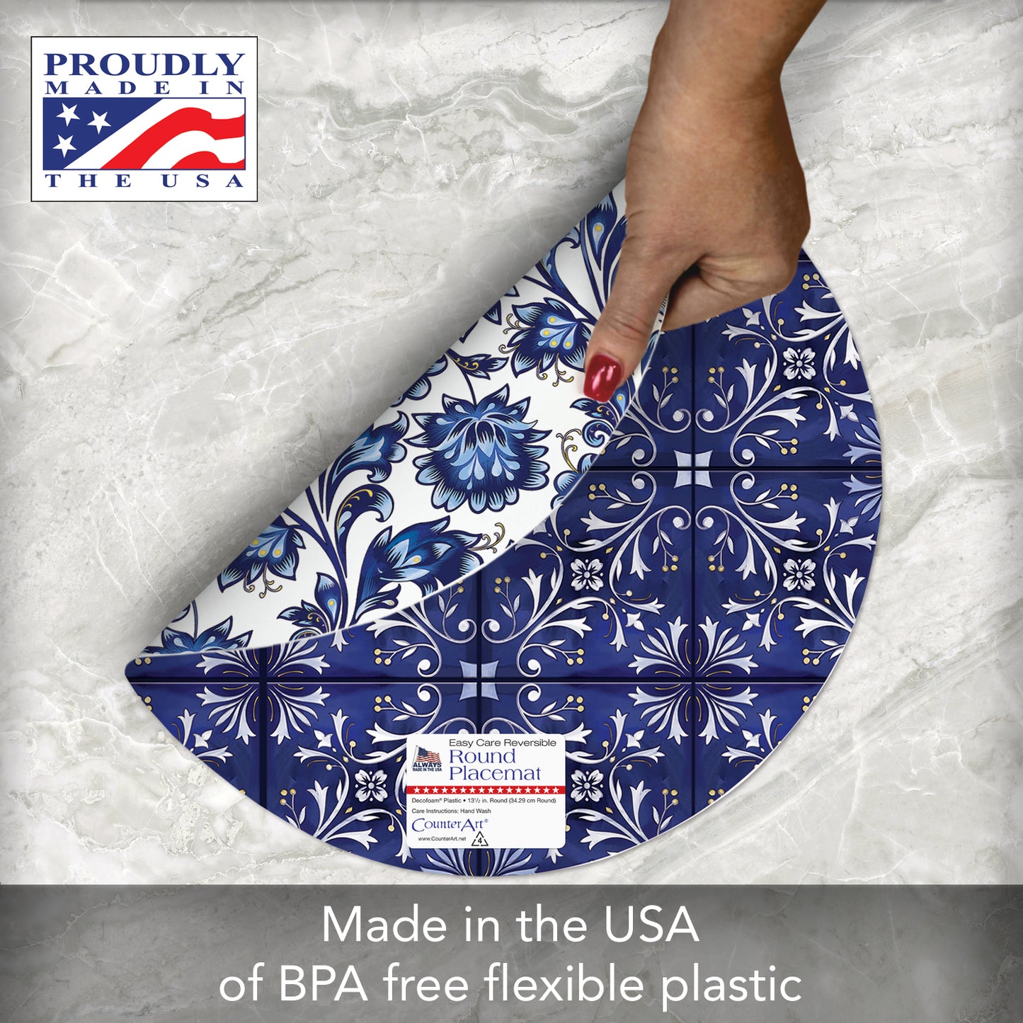 CounterArt Shades of Blue 4 Pack Round Reversible Easy Care Flexible Placemats Made in the USA
