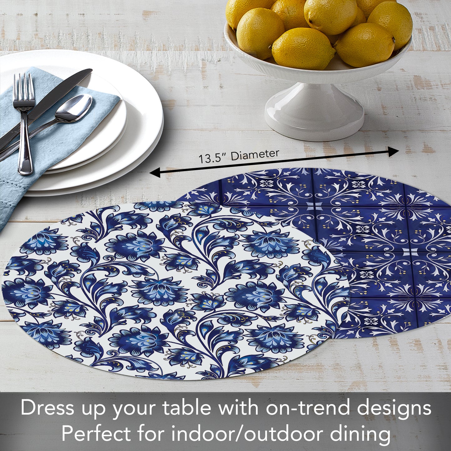 CounterArt Shades of Blue 4 Pack Round Reversible Easy Care Flexible Placemats Made in the USA