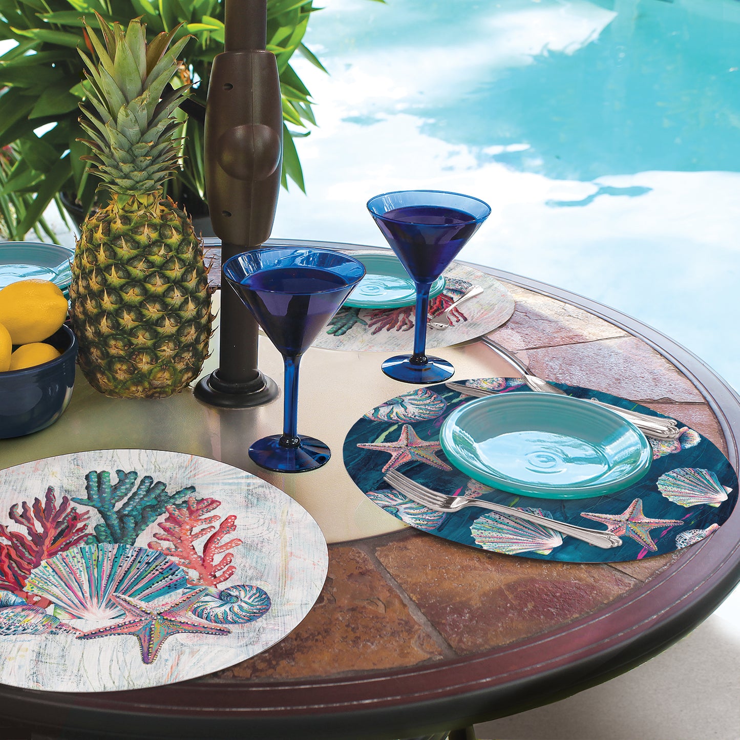 CounterArt Jewels of the Sea 4 Pack Round Reversible Easy Care Flexible Placemats Made in the USA