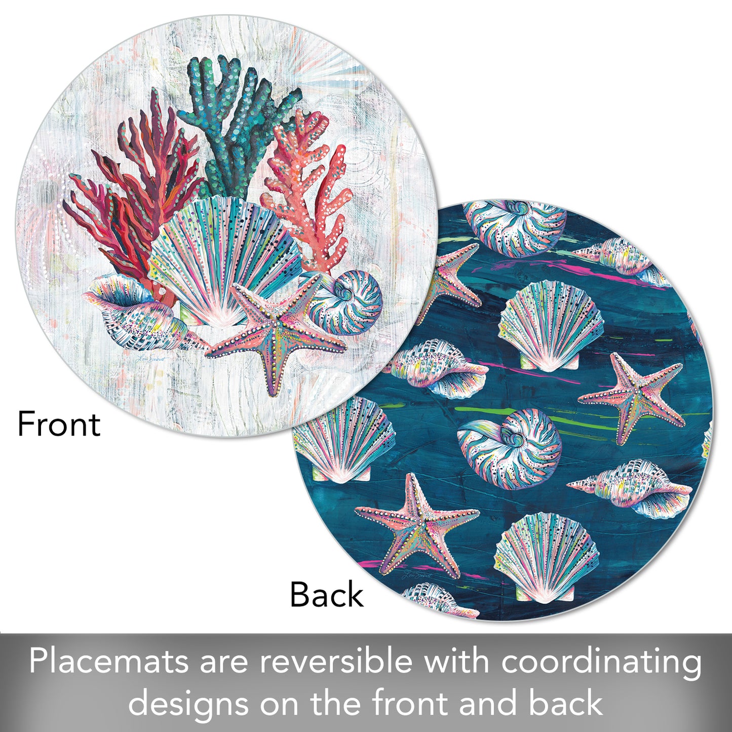 CounterArt Jewels of the Sea 4 Pack Round Reversible Easy Care Flexible Placemats Made in the USA