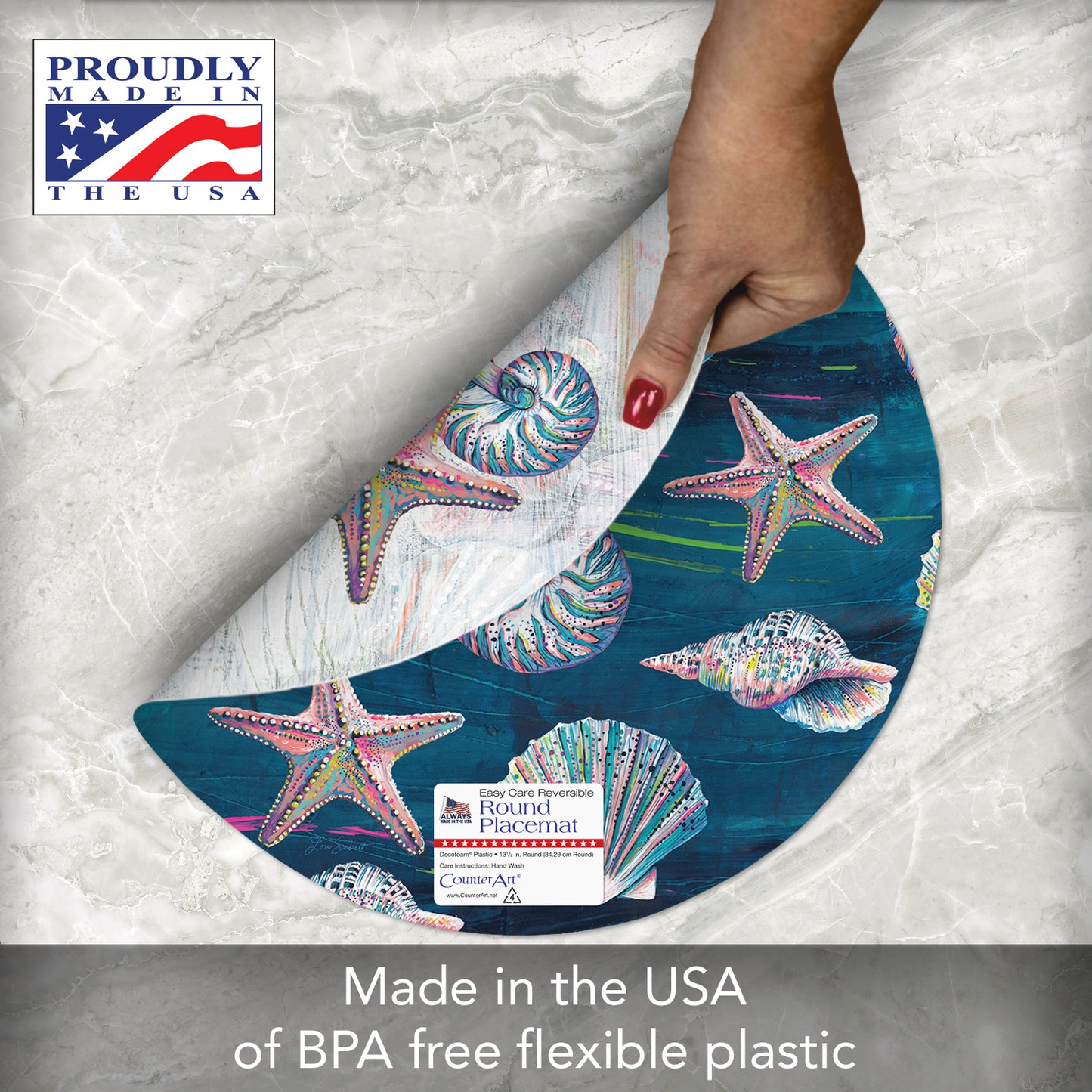 CounterArt Jewels of the Sea 4 Pack Round Reversible Easy Care Flexible Placemats Made in the USA