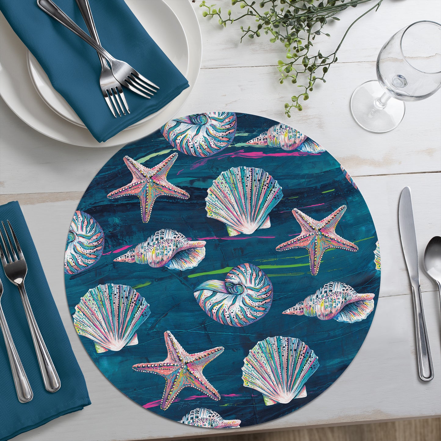 CounterArt Jewels of the Sea 4 Pack Round Reversible Easy Care Flexible Placemats Made in the USA