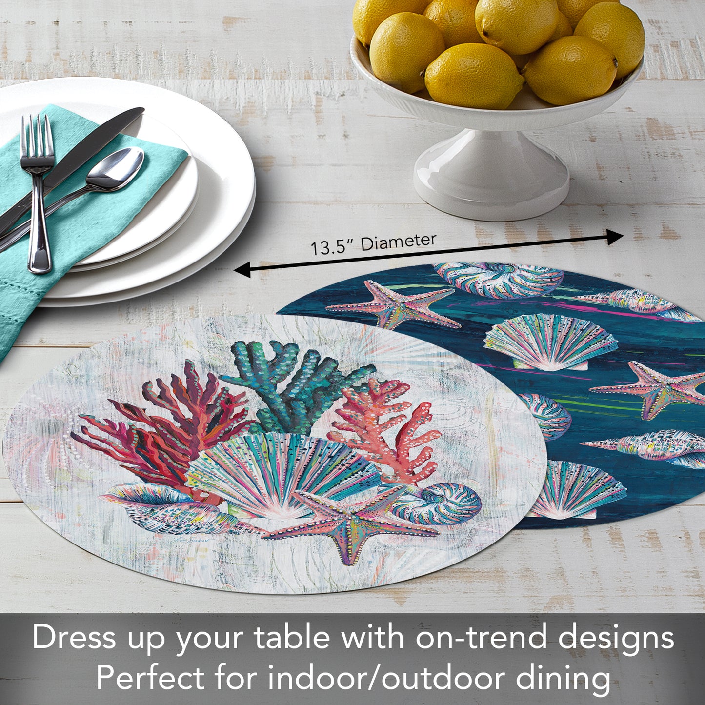 CounterArt Jewels of the Sea 4 Pack Round Reversible Easy Care Flexible Placemats Made in the USA