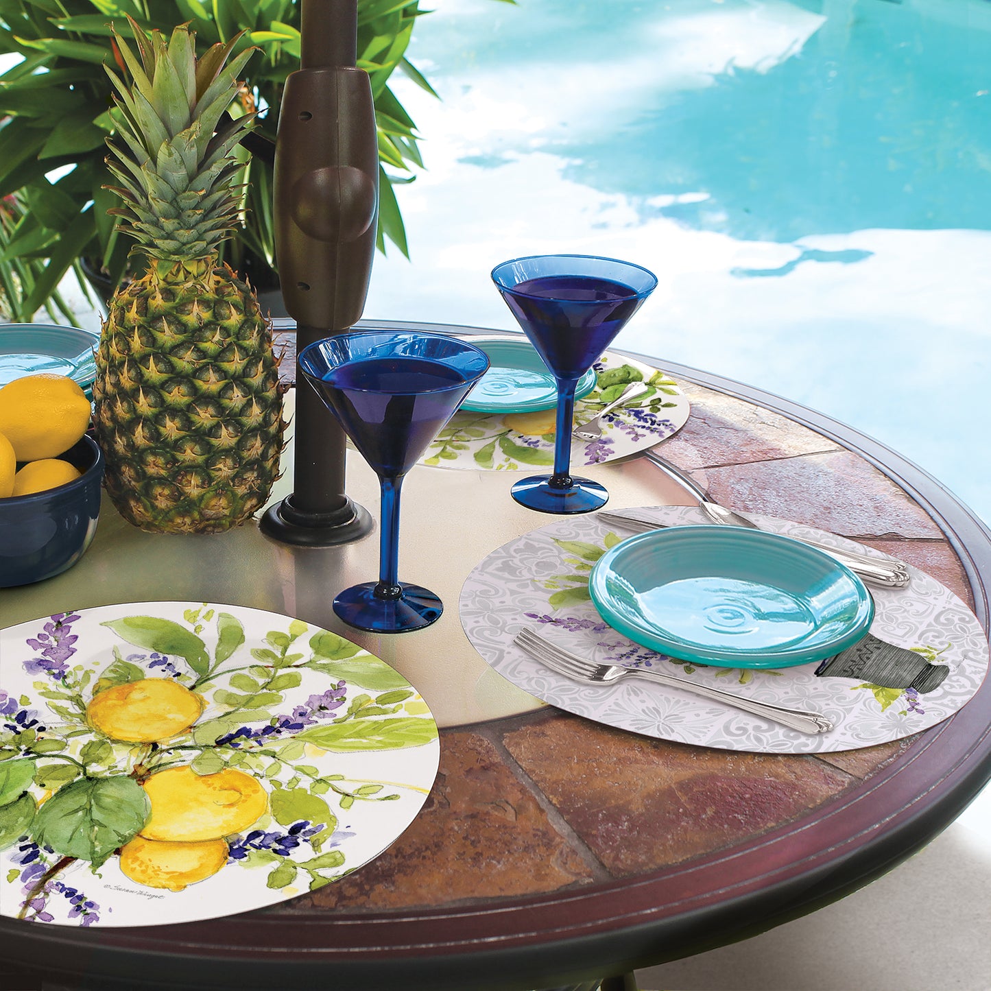 CounterArt Watercolor Lemons 4 Pack Round Reversible Easy Care Placemats Made in the USA