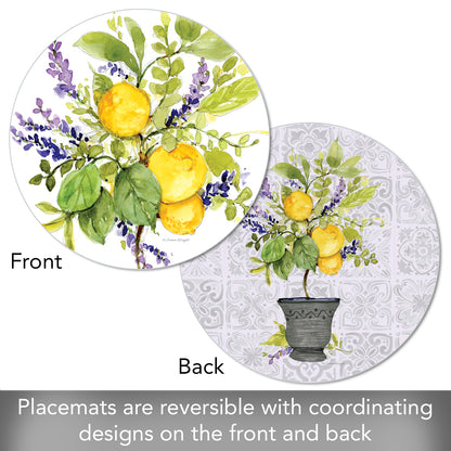 CounterArt Watercolor Lemons 4 Pack Round Reversible Easy Care Placemats Made in the USA