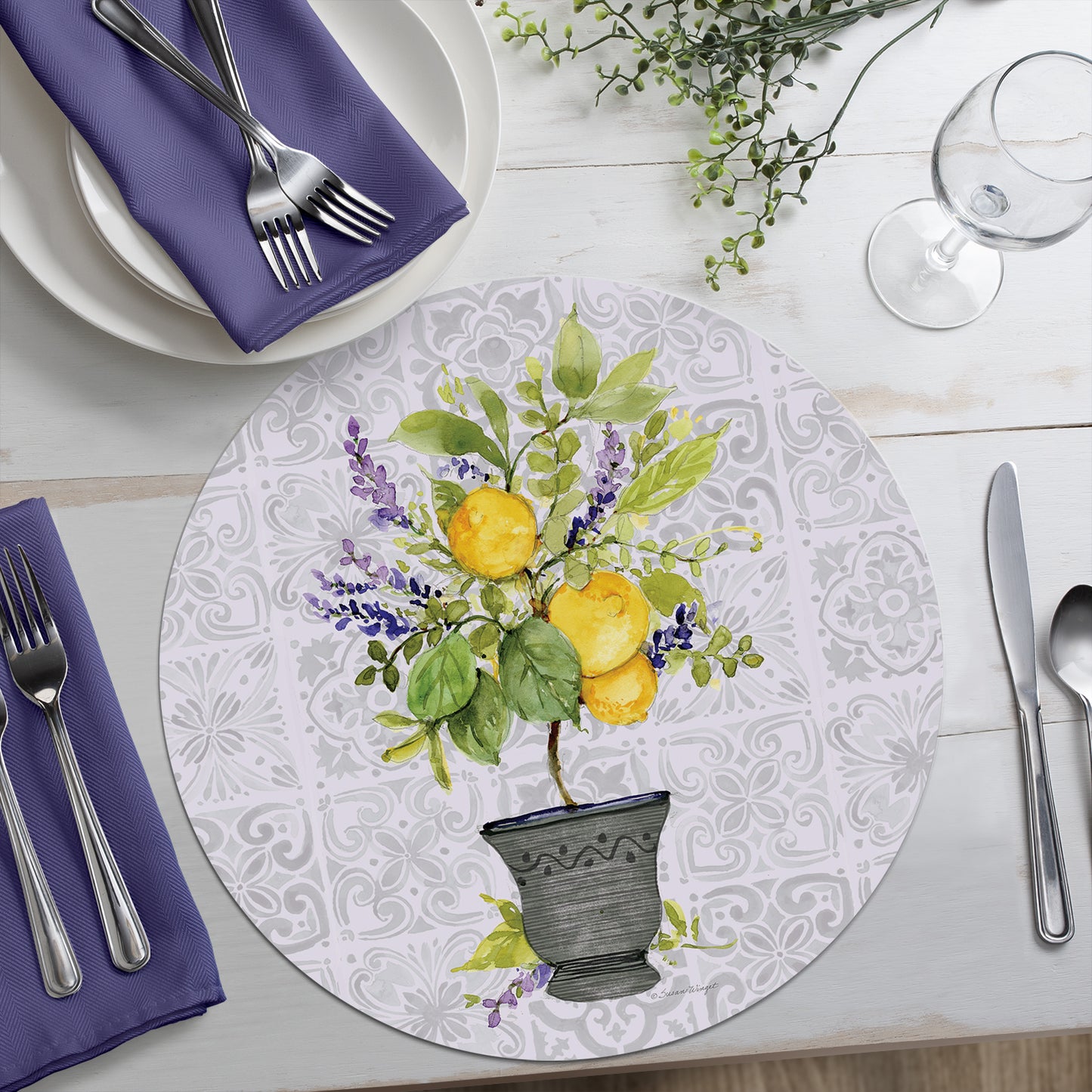 CounterArt Watercolor Lemons 4 Pack Round Reversible Easy Care Placemats Made in the USA