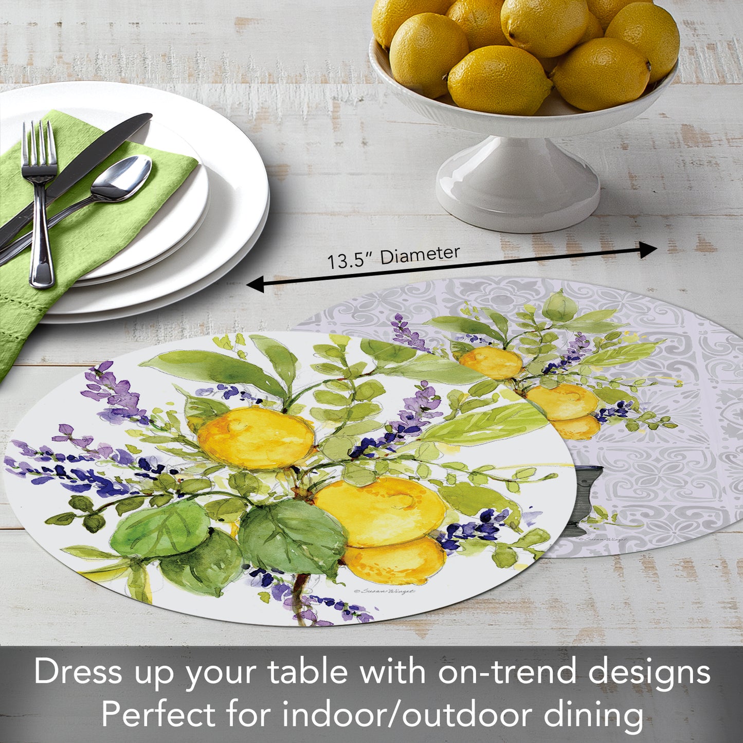 CounterArt Watercolor Lemons 4 Pack Round Reversible Easy Care Placemats Made in the USA