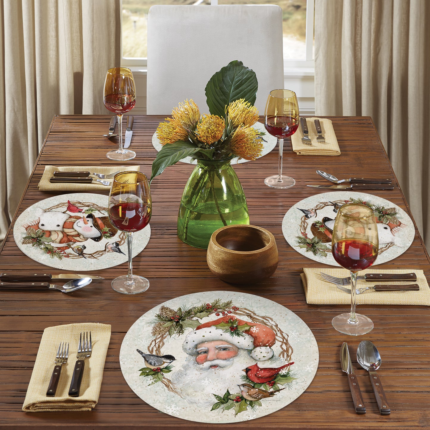 CounterArt Winter Forest Santa 4 Pack Round Reversible Easy Care Flexible Plastic Placemats Made in The USA 13.5" Diameter