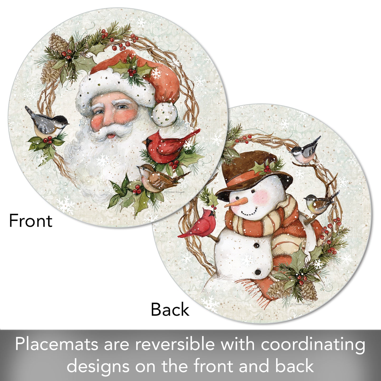 CounterArt Winter Forest Santa 4 Pack Round Reversible Easy Care Flexible Plastic Placemats Made in The USA 13.5" Diameter