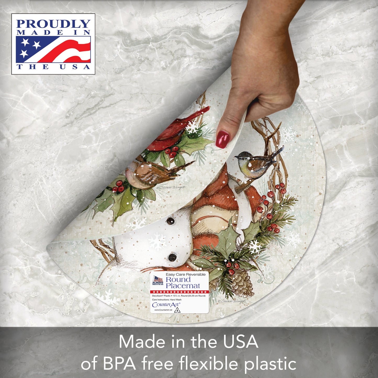 CounterArt Winter Forest Santa 4 Pack Round Reversible Easy Care Flexible Plastic Placemats Made in The USA 13.5" Diameter