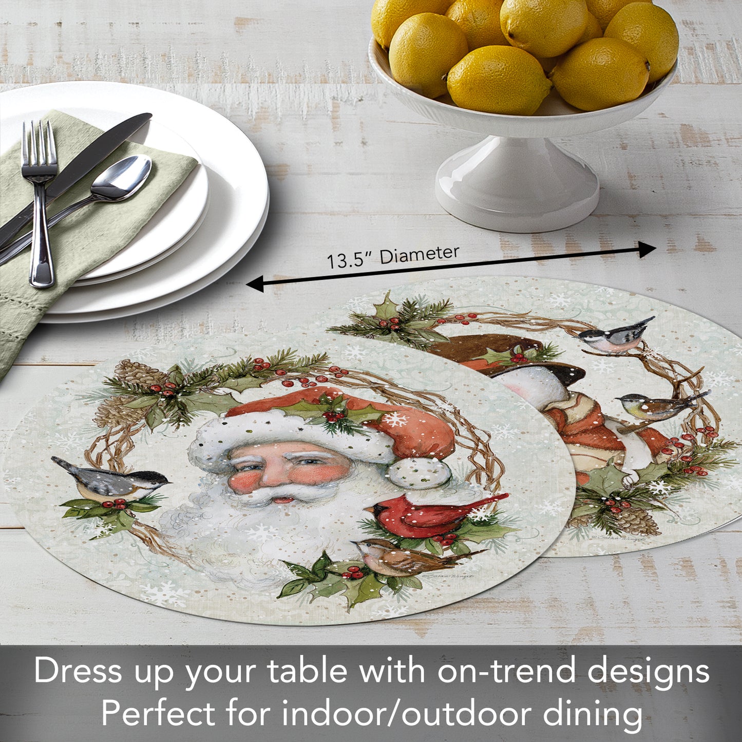 CounterArt Winter Forest Santa 4 Pack Round Reversible Easy Care Flexible Plastic Placemats Made in The USA 13.5" Diameter