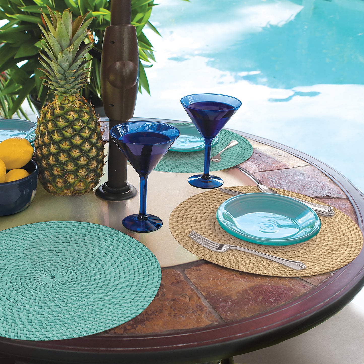 CounterArt Teal Natural Faux Basketweave 4 Pack Round Reversible Easy Care Flexible Plastic Placemats Made in The USA Reversible Flexible Easily Wipes Clean