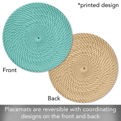 CounterArt Teal Natural Faux Basketweave 4 Pack Round Reversible Easy Care Flexible Plastic Placemats Made in The USA Reversible Flexible Easily Wipes Clean