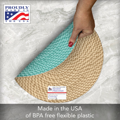 CounterArt Teal Natural Faux Basketweave 4 Pack Round Reversible Easy Care Flexible Plastic Placemats Made in The USA Reversible Flexible Easily Wipes Clean
