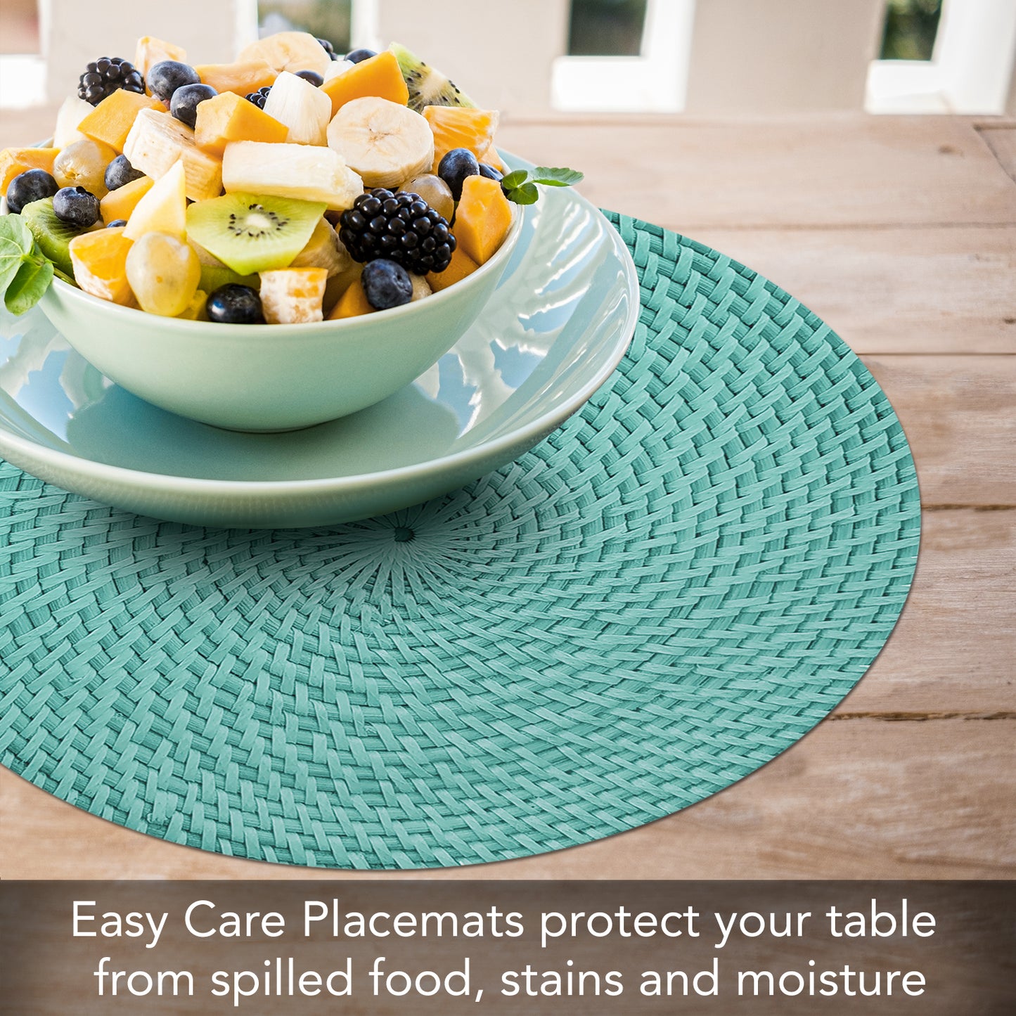 CounterArt Teal Natural Faux Basketweave 4 Pack Round Reversible Easy Care Flexible Plastic Placemats Made in The USA Reversible Flexible Easily Wipes Clean
