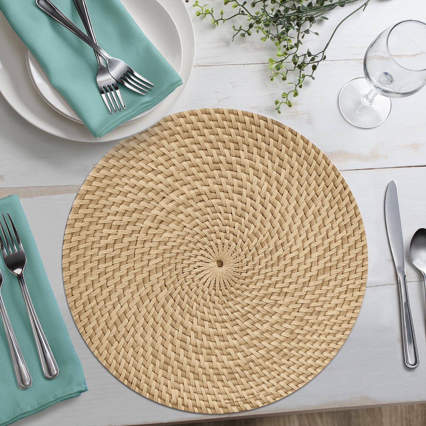 CounterArt Teal Natural Faux Basketweave 4 Pack Round Reversible Easy Care Flexible Plastic Placemats Made in The USA Reversible Flexible Easily Wipes Clean