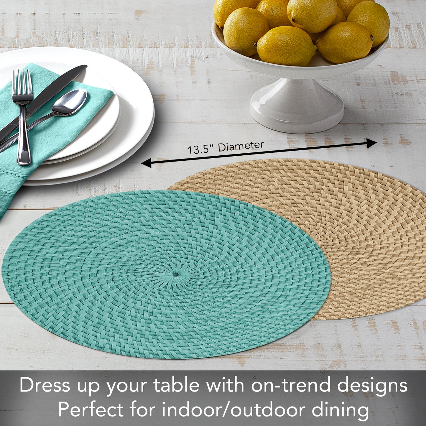 CounterArt Teal Natural Faux Basketweave 4 Pack Round Reversible Easy Care Flexible Plastic Placemats Made in The USA Reversible Flexible Easily Wipes Clean