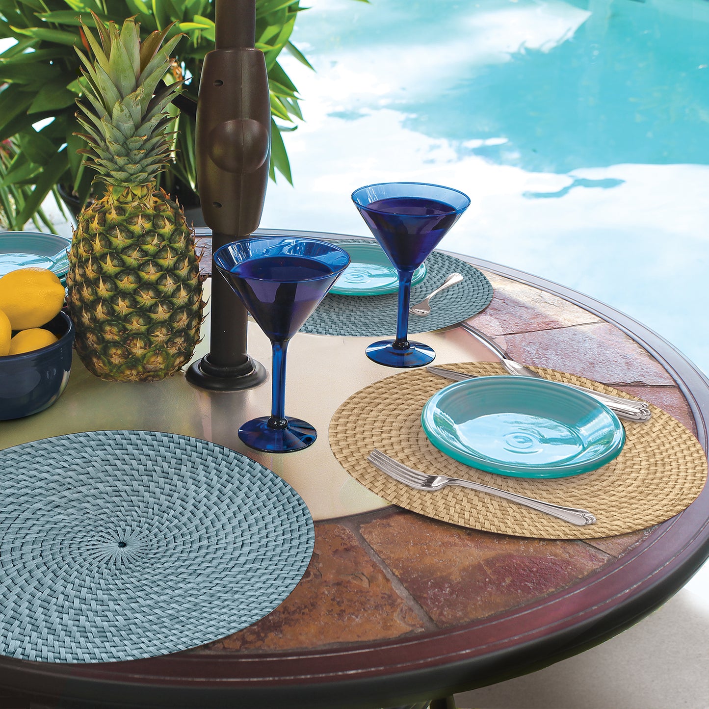 CounterArt Blue Natural Faux Basketweave 4 Pack Round Reversible Easy Care Flexible Plastic Placemats Made in The USA Reversible Flexible Easily Wipes Clean
