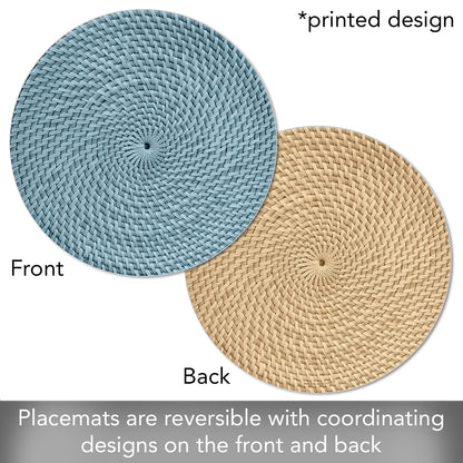 CounterArt Blue Natural Faux Basketweave 4 Pack Round Reversible Easy Care Flexible Plastic Placemats Made in The USA Reversible Flexible Easily Wipes Clean