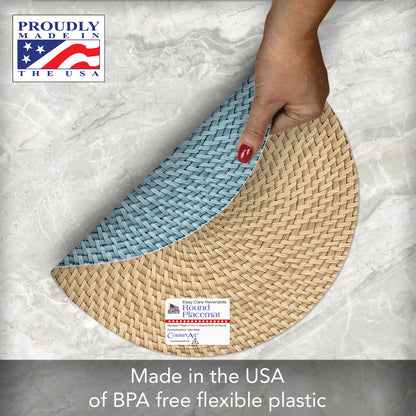 CounterArt Blue Natural Faux Basketweave 4 Pack Round Reversible Easy Care Flexible Plastic Placemats Made in The USA Reversible Flexible Easily Wipes Clean