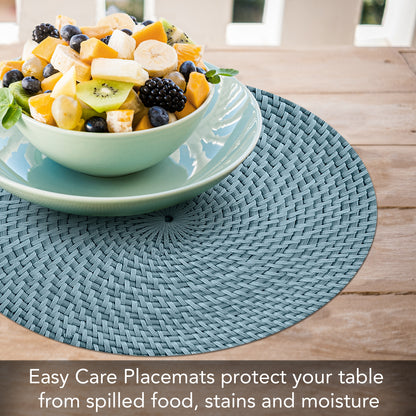 CounterArt Blue Natural Faux Basketweave 4 Pack Round Reversible Easy Care Flexible Plastic Placemats Made in The USA Reversible Flexible Easily Wipes Clean