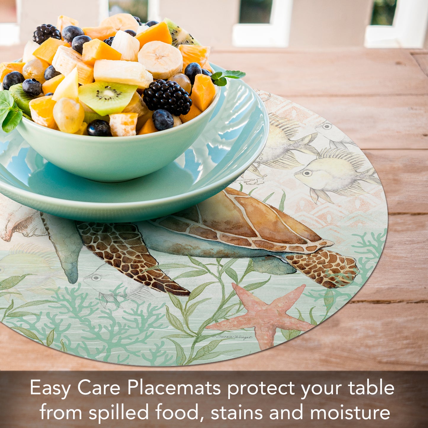 CounterArt Sea Turtle 4 Pack Round Reversible Easy Care Flexible Placemats Made in The USA
