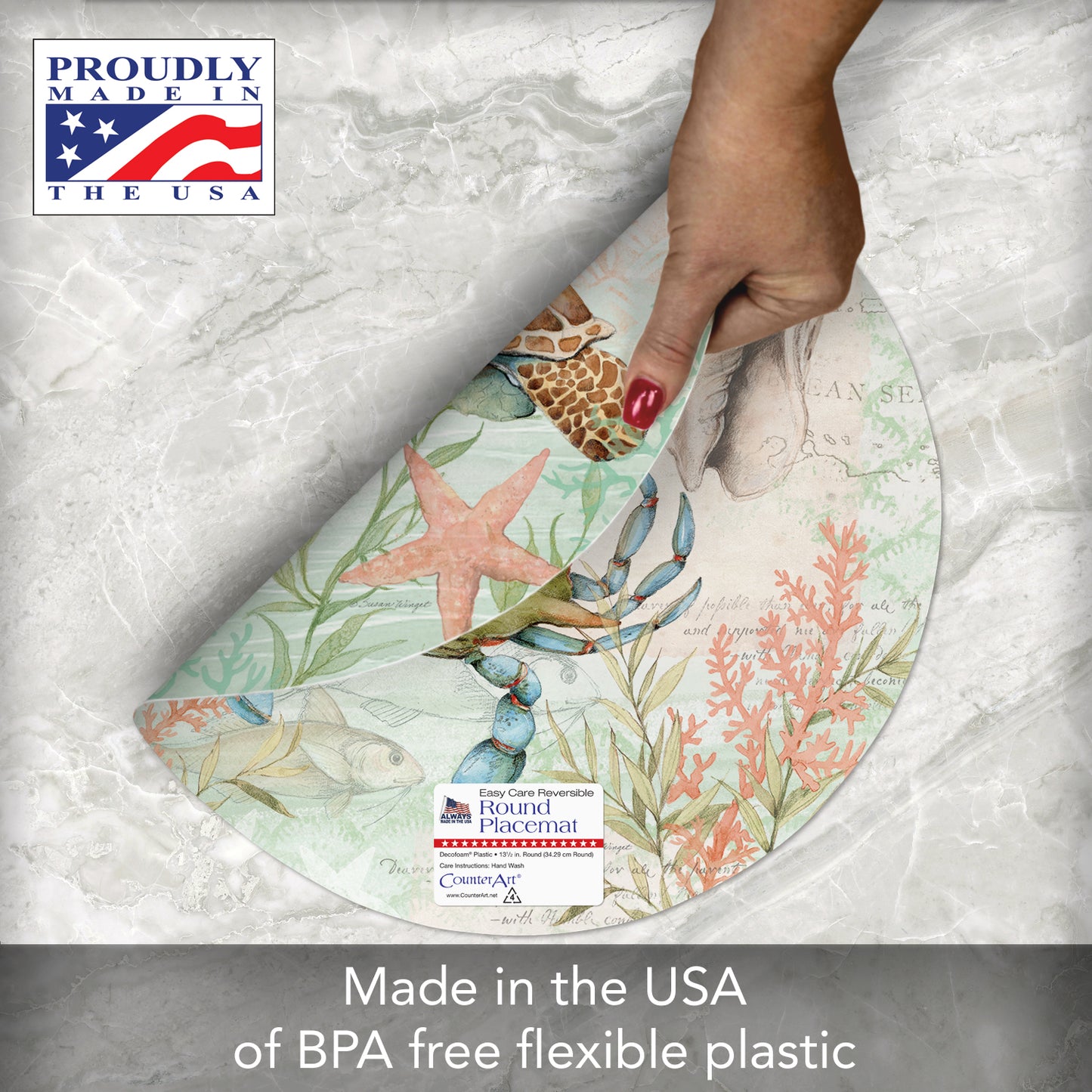 CounterArt Sea Turtle 4 Pack Round Reversible Easy Care Flexible Placemats Made in The USA