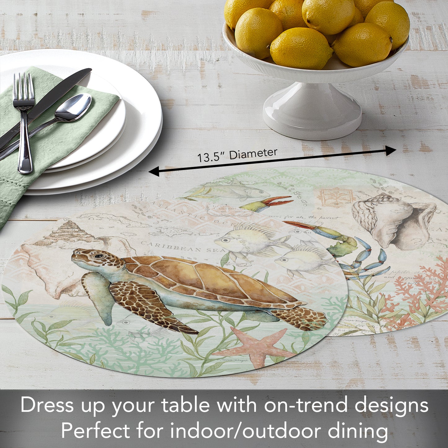 CounterArt Sea Turtle 4 Pack Round Reversible Easy Care Flexible Placemats Made in The USA