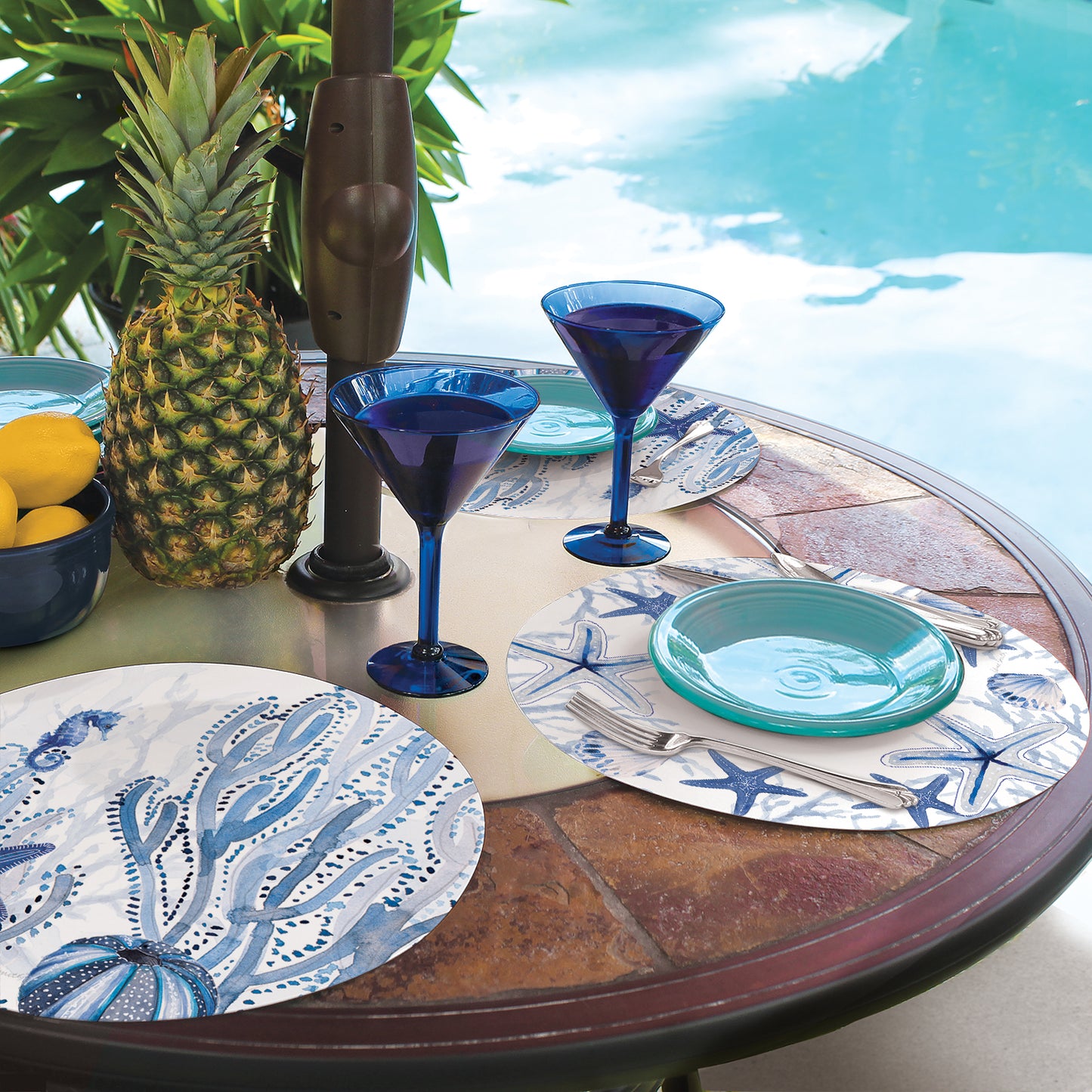 CounterArt Indigo Coastal 4 Pack Round Reversible Easy Care Flexible Placemats Made in the USA