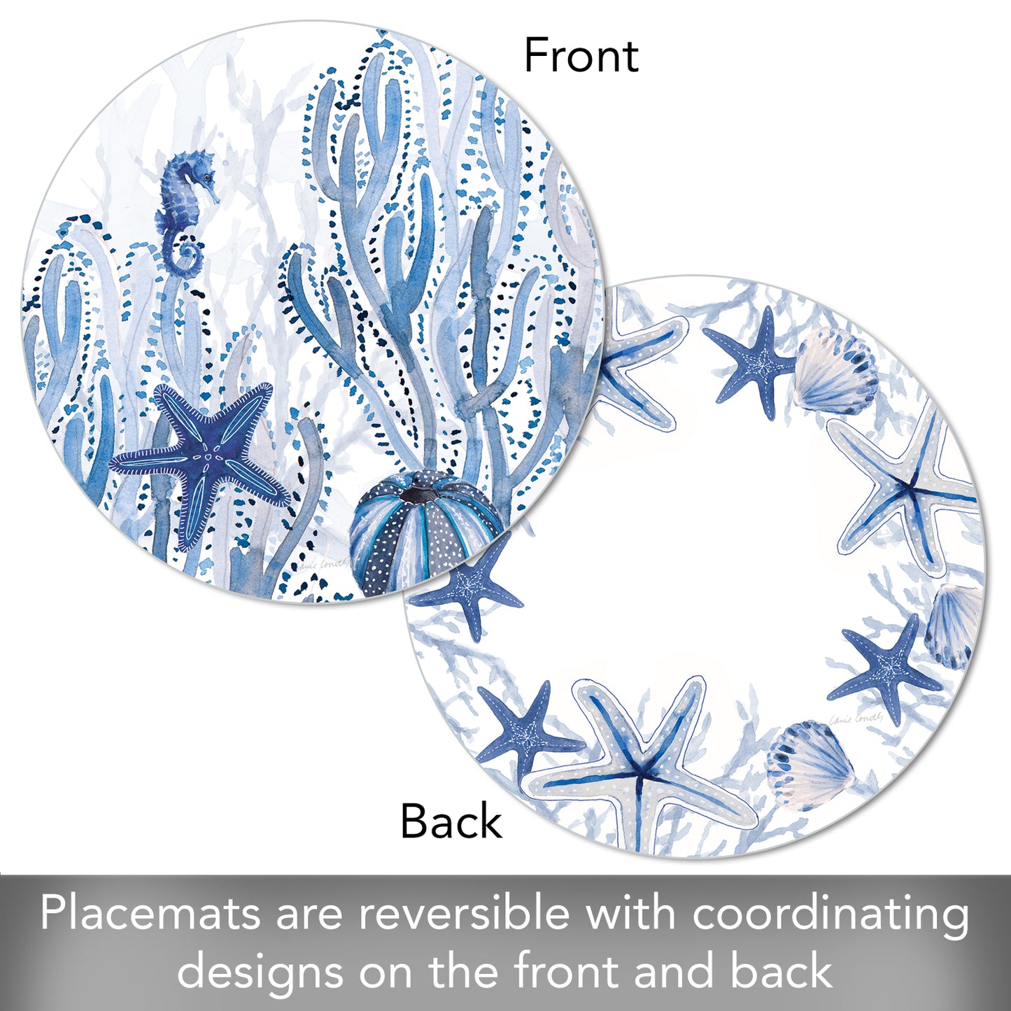 CounterArt Indigo Coastal 4 Pack Round Reversible Easy Care Flexible Placemats Made in the USA