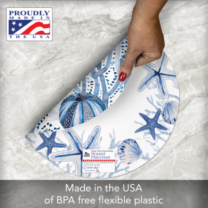 CounterArt Indigo Coastal 4 Pack Round Reversible Easy Care Flexible Placemats Made in the USA