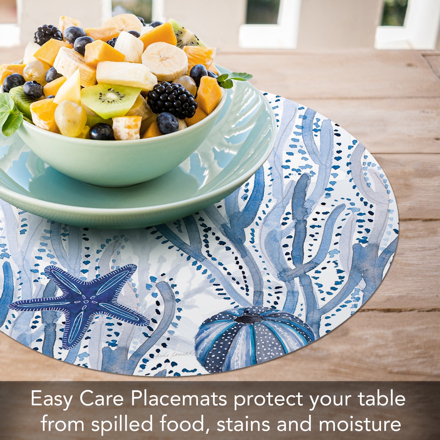 CounterArt Indigo Coastal 4 Pack Round Reversible Easy Care Flexible Placemats Made in the USA