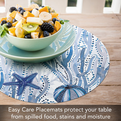 CounterArt Indigo Coastal 4 Pack Round Reversible Easy Care Flexible Placemats Made in the USA