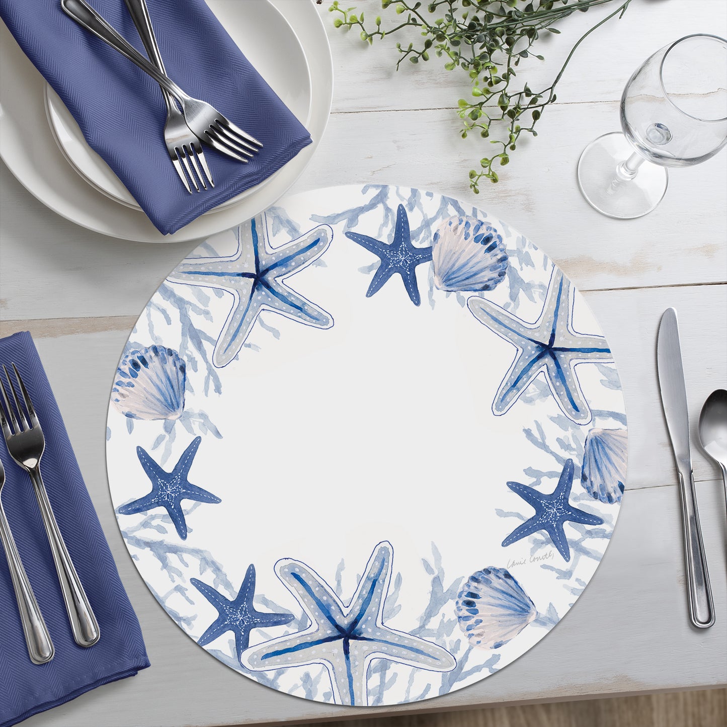 CounterArt Indigo Coastal 4 Pack Round Reversible Easy Care Flexible Placemats Made in the USA