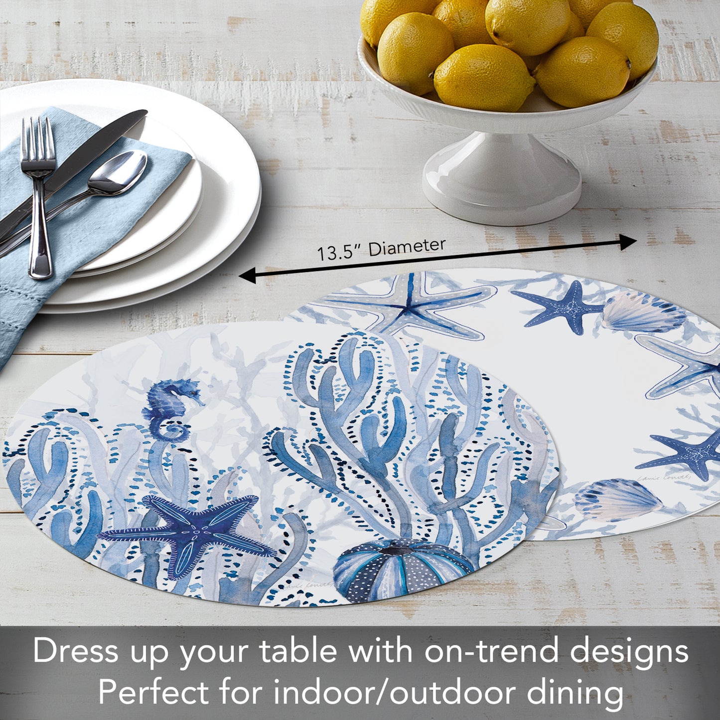 CounterArt Indigo Coastal 4 Pack Round Reversible Easy Care Flexible Placemats Made in the USA