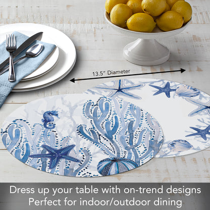 CounterArt Indigo Coastal 4 Pack Round Reversible Easy Care Flexible Placemats Made in the USA