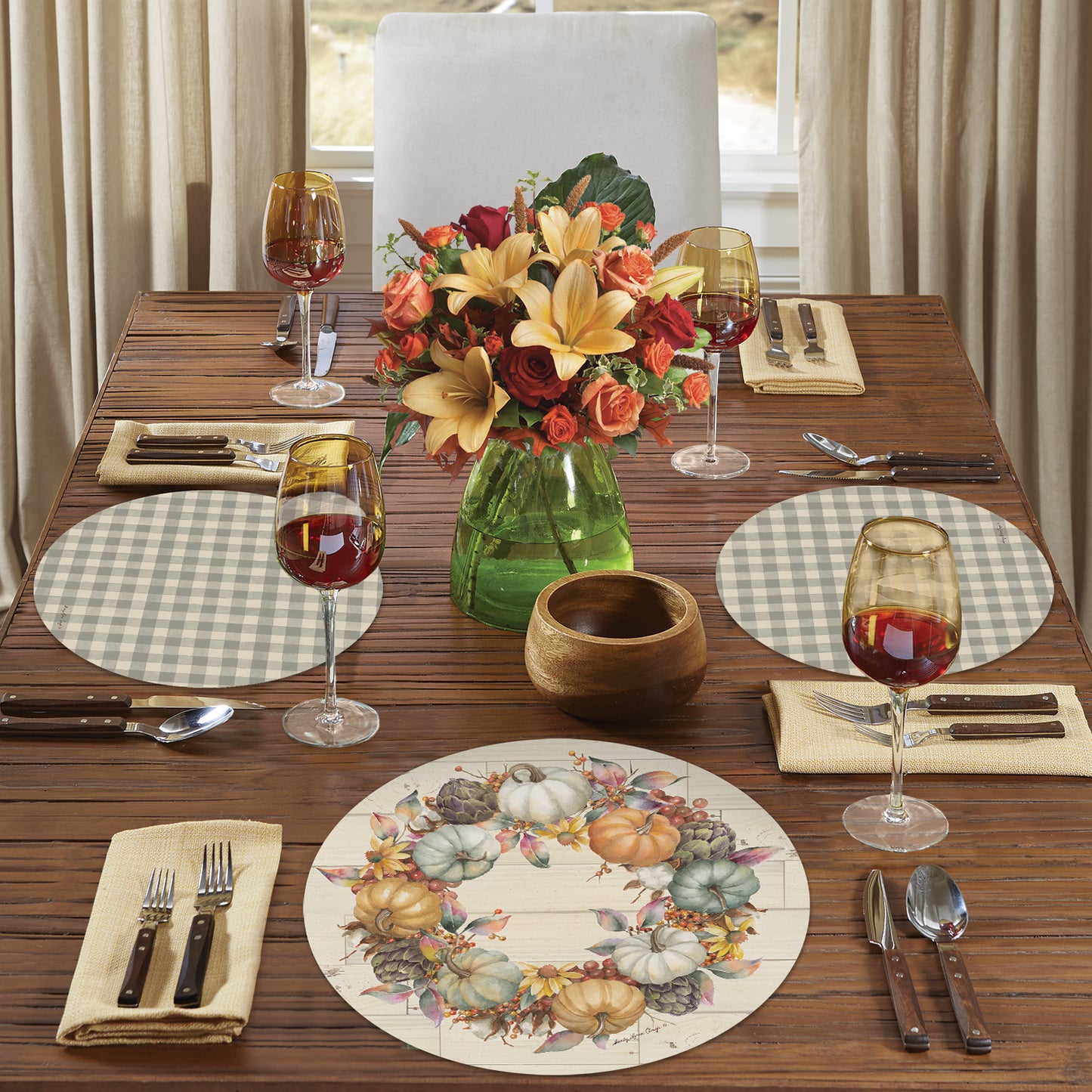 CounterArt Pumpkin Time 4 Pack Round Reversible Easy Care Flexible Placemats Made in the USA