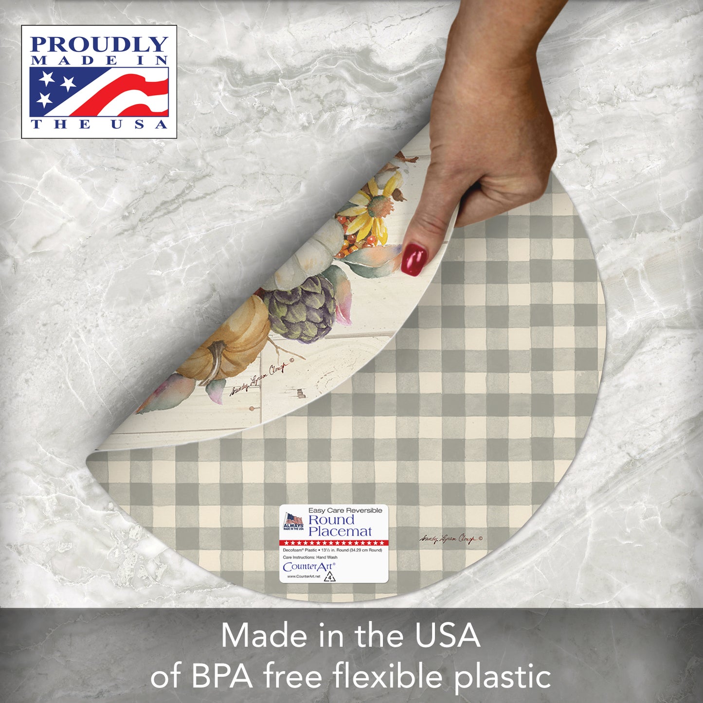 CounterArt Pumpkin Time 4 Pack Round Reversible Easy Care Flexible Placemats Made in the USA