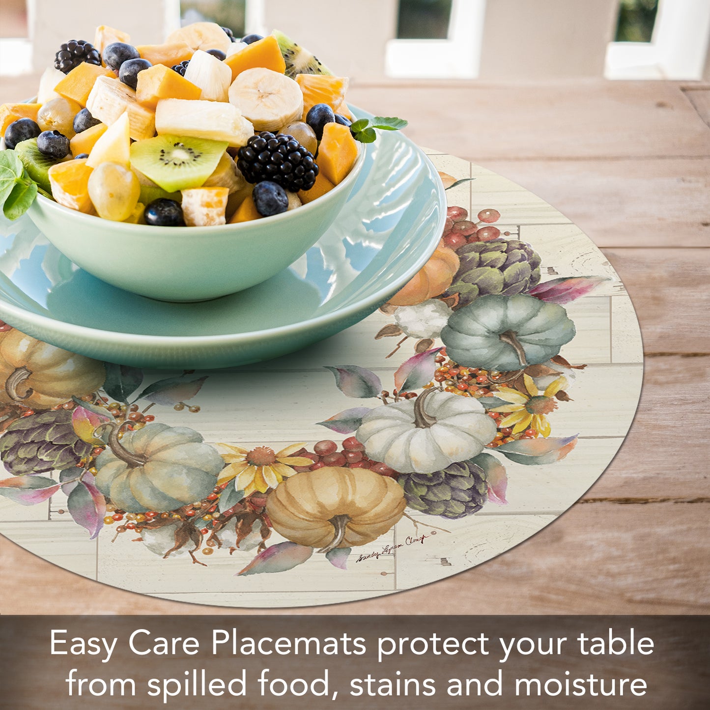 CounterArt Pumpkin Time 4 Pack Round Reversible Easy Care Flexible Placemats Made in the USA