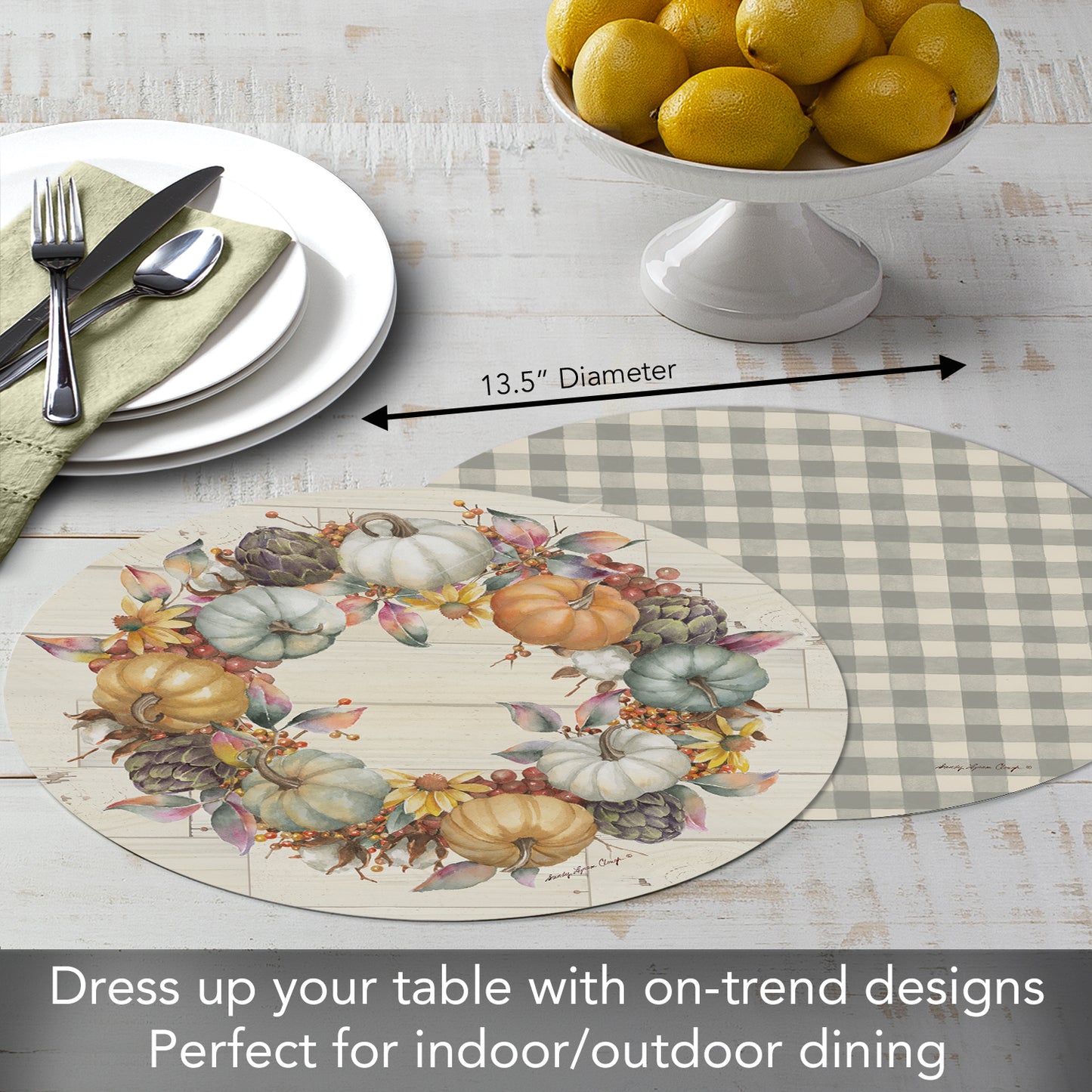 CounterArt Pumpkin Time 4 Pack Round Reversible Easy Care Flexible Placemats Made in the USA